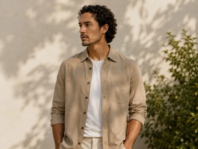A cotton overshirt against a sunlit wall