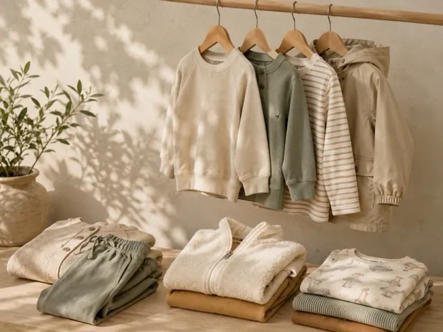A childrenswear rail with folded stacks