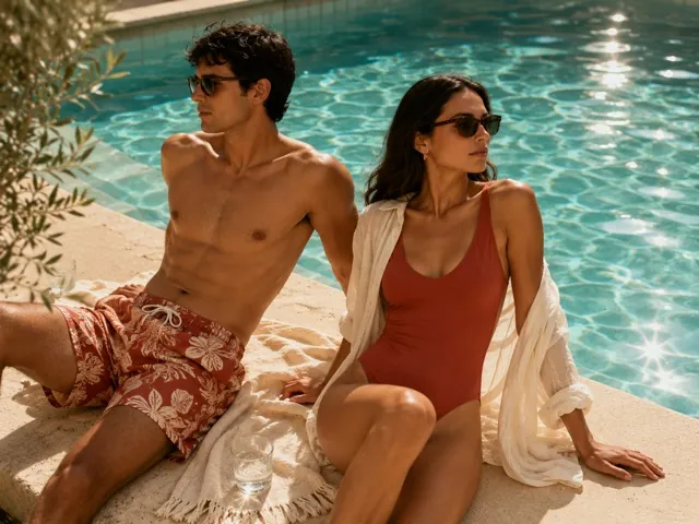 A zip swimsuit poolside